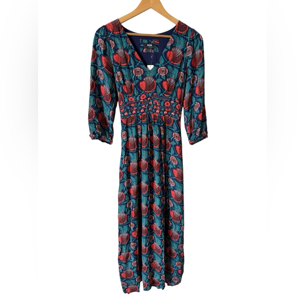 Maeve Anthropologie Floral Midi Dress V Neck 3/4 Sleeve NWT Size 2